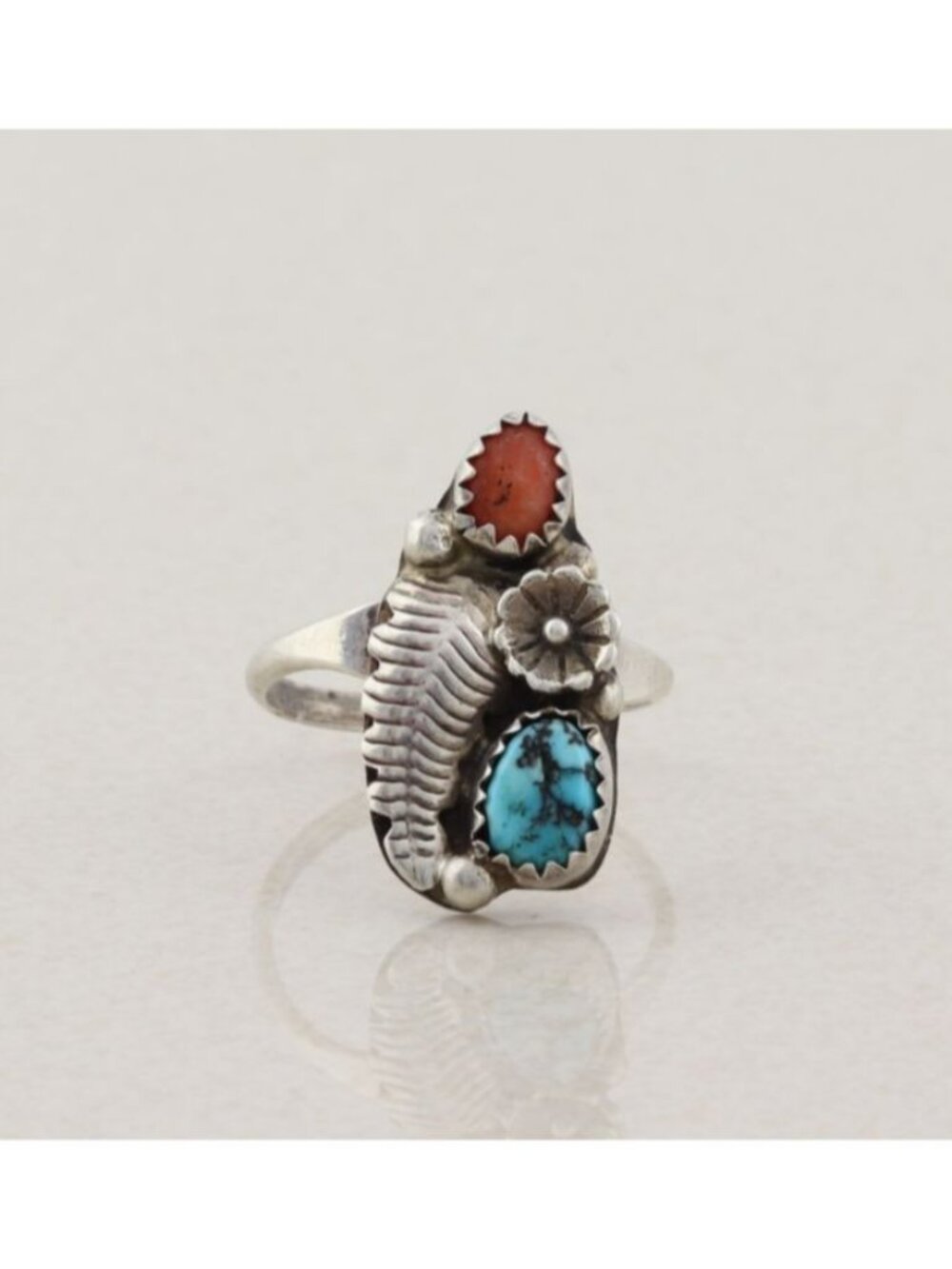 Sterling Silver Natural Turquoise & Coral Ring Size 7 3/4